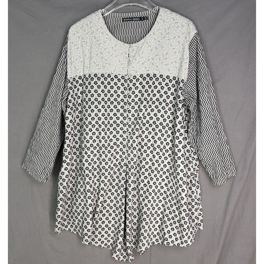 Gudrun Sjoden Tunic Shirt Top Size Medium Gray Black Pullover Pleat Pockets